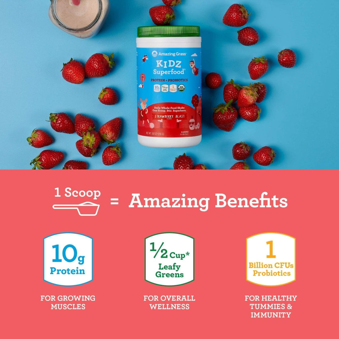 Amazing Grass Kidz Superfood: Vegan Protein &amp; Probiotics for Kids with Beet Root Powder &amp; 1/2 Cup of Leafy Greens, Strawberry Blast, 15 Servings - The Oasis of Health