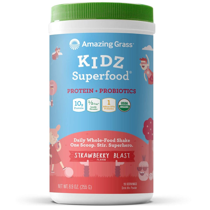 Amazing Grass Kidz Superfood: Vegan Protein &amp; Probiotics for Kids with Beet Root Powder &amp; 1/2 Cup of Leafy Greens, Strawberry Blast, 15 Servings - The Oasis of Health