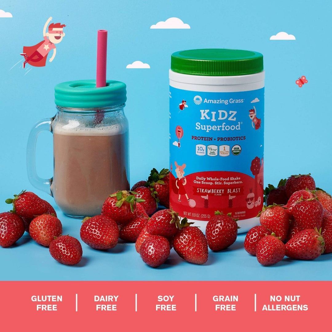 Amazing Grass Kidz Superfood: Vegan Protein &amp; Probiotics for Kids with Beet Root Powder &amp; 1/2 Cup of Leafy Greens, Strawberry Blast, 15 Servings - The Oasis of Health