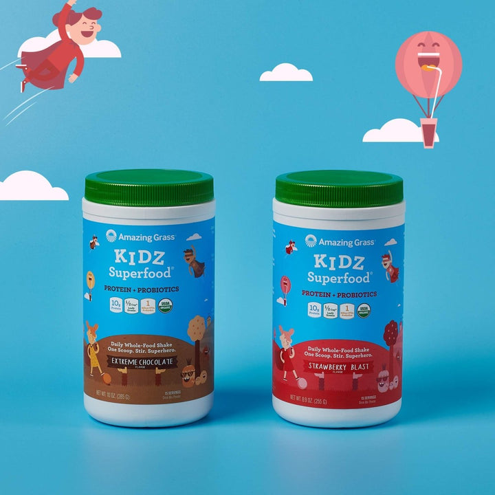 Amazing Grass Kidz Superfood: Vegan Protein &amp; Probiotics for Kids with Beet Root Powder &amp; 1/2 Cup of Leafy Greens, Strawberry Blast, 15 Servings - The Oasis of Health