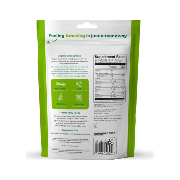 Amazing Grass Organic Supergreens Powder 30 Servings 150 Grams - The Oasis of Health