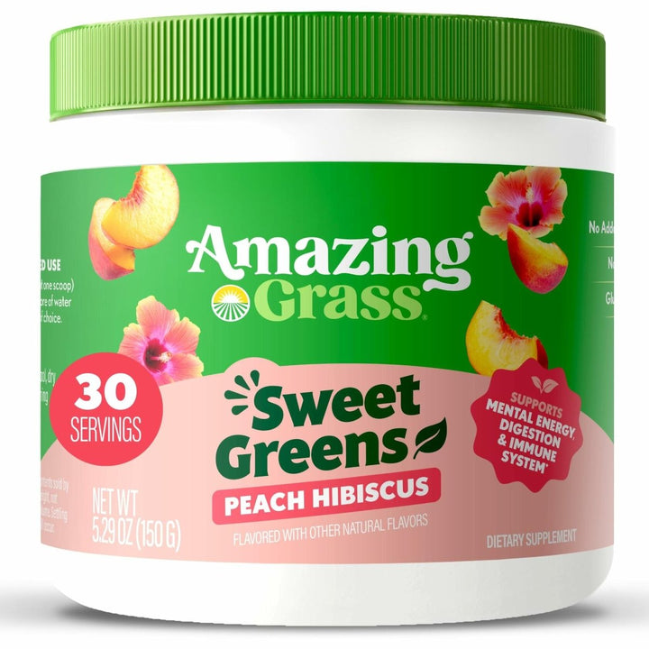 Amazing Grass Sweet Greens and Superfoods Powder for Digestive Health, Greens Powder, Digestive Enzymes, Probiotics, Spirulina, Chlorella, Peach Hibiscus, 30 Servings - The Oasis of Health