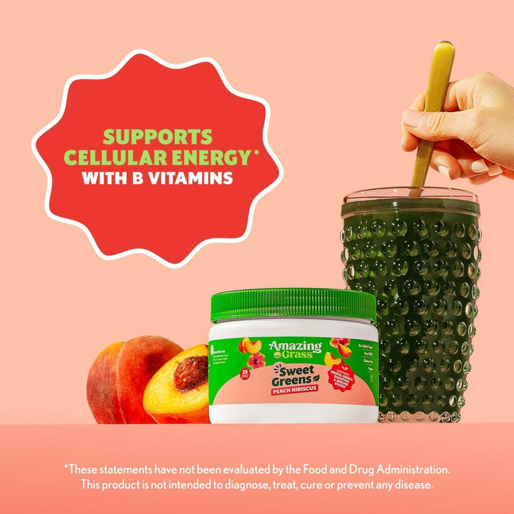 Amazing Grass Sweet Greens and Superfoods Powder for Digestive Health, Greens Powder, Digestive Enzymes, Probiotics, Spirulina, Chlorella, Peach Hibiscus, 30 Servings - The Oasis of Health