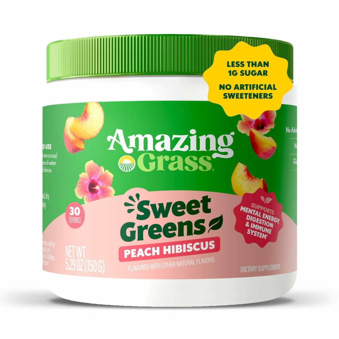 Amazing Grass Sweet Greens and Superfoods Powder for Digestive Health, Greens Powder, Digestive Enzymes, Probiotics, Spirulina, Chlorella, Peach Hibiscus, 30 Servings - The Oasis of Health