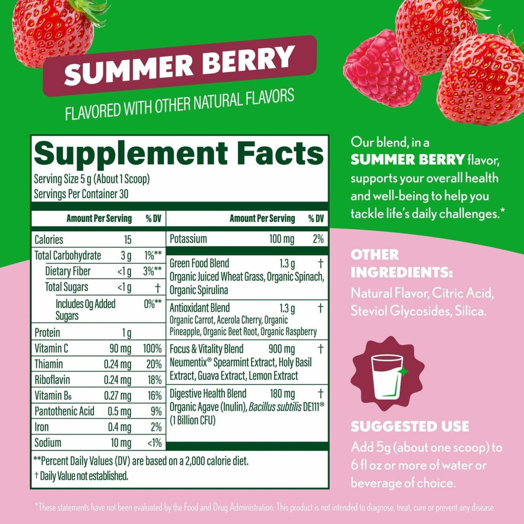 Amazing Grass Sweet Greens and Superfoods Powder for Digestive Health, Greens Powder, Digestive Enzymes, Probiotics, Spirulina, Chlorella, Summer Berry, 30 Servings - The Oasis of Health