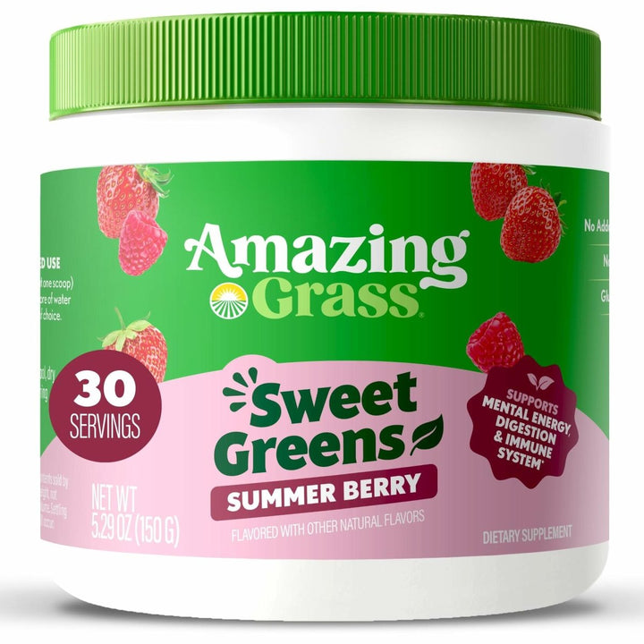 Amazing Grass Sweet Greens and Superfoods Powder for Digestive Health, Greens Powder, Digestive Enzymes, Probiotics, Spirulina, Chlorella, Summer Berry, 30 Servings - The Oasis of Health