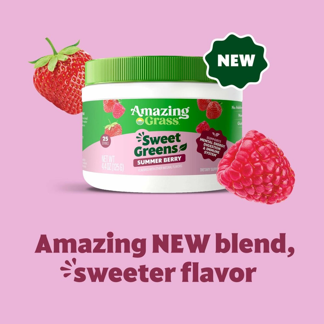 Amazing Grass Sweet Greens and Superfoods Powder for Digestive Health, Greens Powder, Digestive Enzymes, Probiotics, Spirulina, Chlorella, Summer Berry, 30 Servings - The Oasis of Health