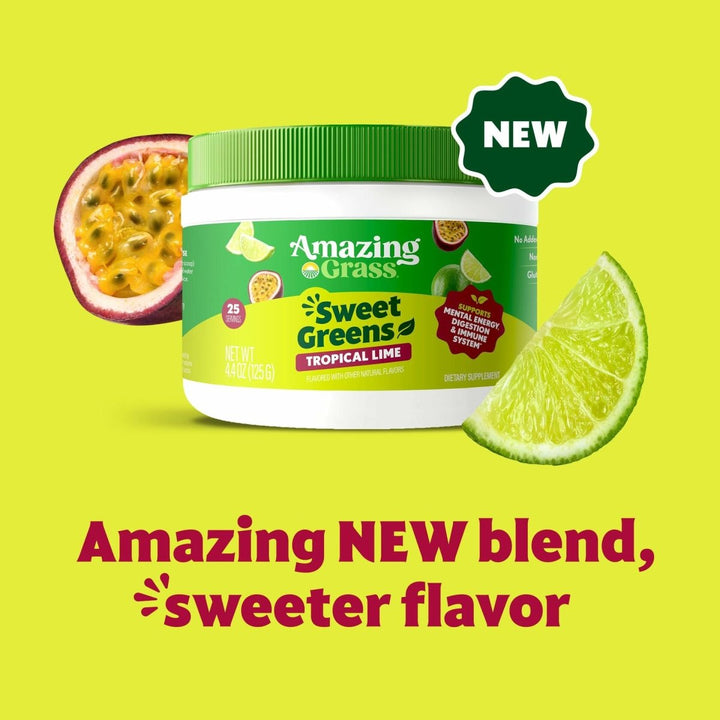 Amazing Grass Sweet Greens and Superfoods Powder for Digestive Health, Greens Powder, Digestive Enzymes, Probiotics, Spirulina, Chlorella, Tropical Lime, 30 Servings - The Oasis of Health