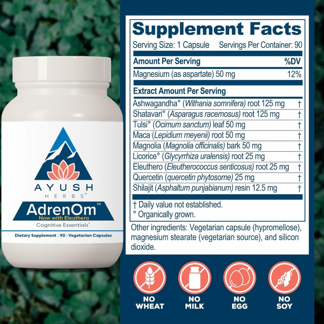 Ayush Herbs AdrenOm - Ayurvedic Adrenal and Stress - Support Supplement for Women & Men, Ashwagandha & Eleuthero to Support Adrenal Balance, Cognitive Function & Calm - 90 Vegetarian Capsules (1 Count) - The Oasis of Health