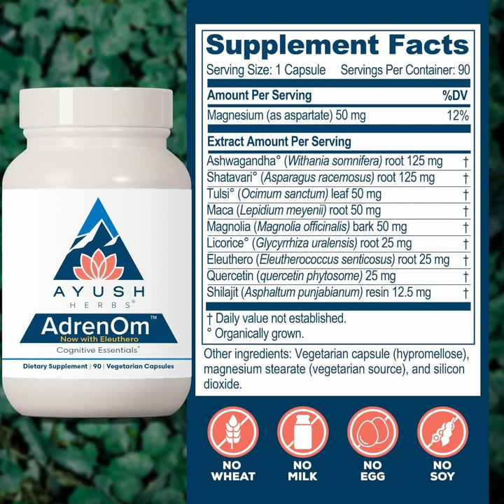 Ayush Herbs AdrenOm - Ayurvedic Adrenal and Stress - Support Supplement for Women & Men, Ashwagandha & Eleuthero to Support Adrenal Balance, Cognitive Function & Calm - 90 Vegetarian Capsules (1 Count) - The Oasis of Health
