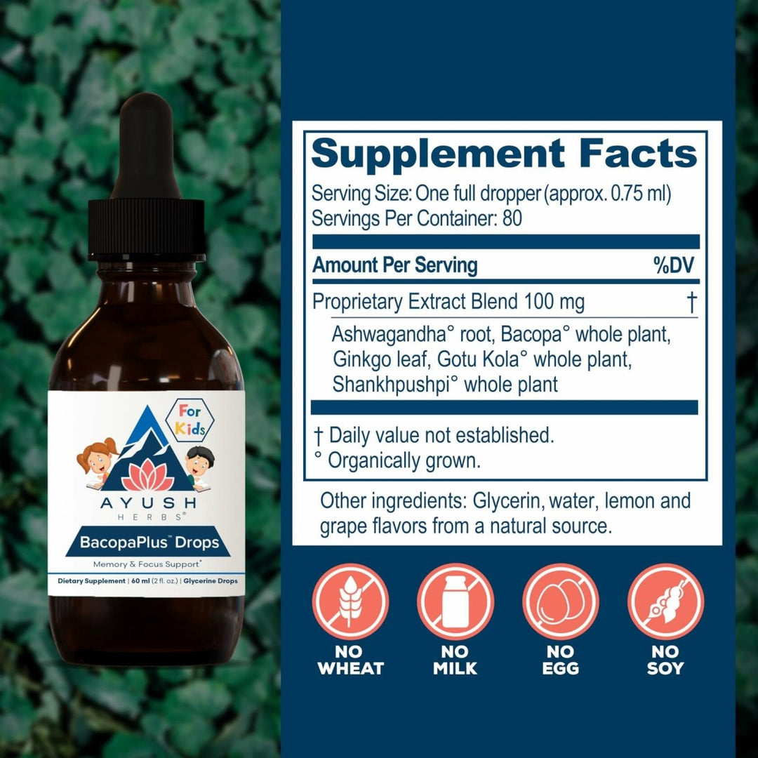 Ayush Herbs BacopaPlus Drops for Kids - Kids Focus and Attention Supplement with Bacopa, Ashwagandha, Ginkgo, Support for Brain & Memory, Organic Ingredients - 2 Fl Oz (80 Servings) - The Oasis of Health