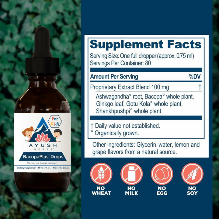 Ayush Herbs BacopaPlus Drops for Kids - Kids Focus and Attention Supplement with Bacopa, Ashwagandha, Ginkgo, Support for Brain & Memory, Organic Ingredients - 2 Fl Oz (80 Servings) - The Oasis of Health