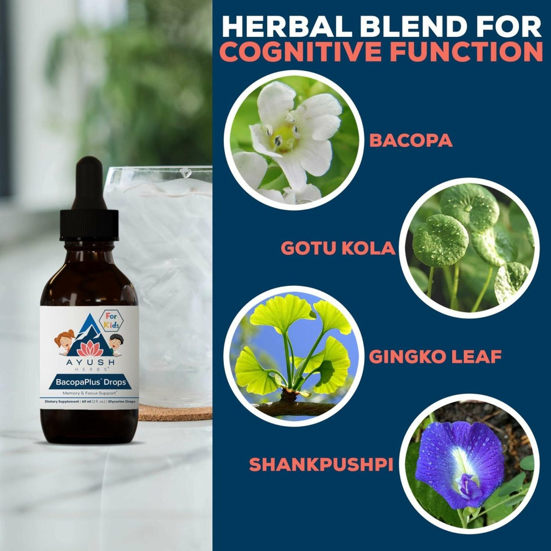 Ayush Herbs BacopaPlus Drops for Kids - Kids Focus and Attention Supplement with Bacopa, Ashwagandha, Ginkgo, Support for Brain & Memory, Organic Ingredients - 2 Fl Oz (80 Servings) - The Oasis of Health