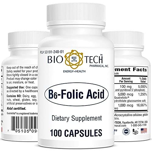 Bio - Tech Pharmacal B6 - Folic Acid, 100 Capsules ? All - Natural Supplement ? Supports Cardiovascular, Bone, &amp; Nervous System Health ? No Dairy, Fish, Gluten, Peanut, Shellfish, Halal, &amp; Soy ? No - The Oasis of Health