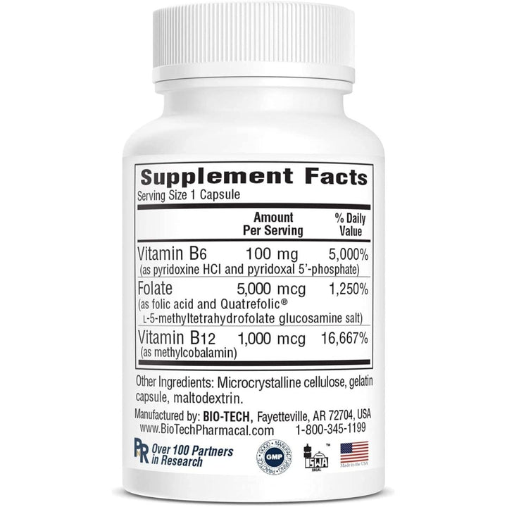 Bio - Tech Pharmacal B6 - Folic Acid, 100 Capsules ? All - Natural Supplement ? Supports Cardiovascular, Bone, &amp; Nervous System Health ? No Dairy, Fish, Gluten, Peanut, Shellfish, Halal, &amp; Soy ? No - The Oasis of Health