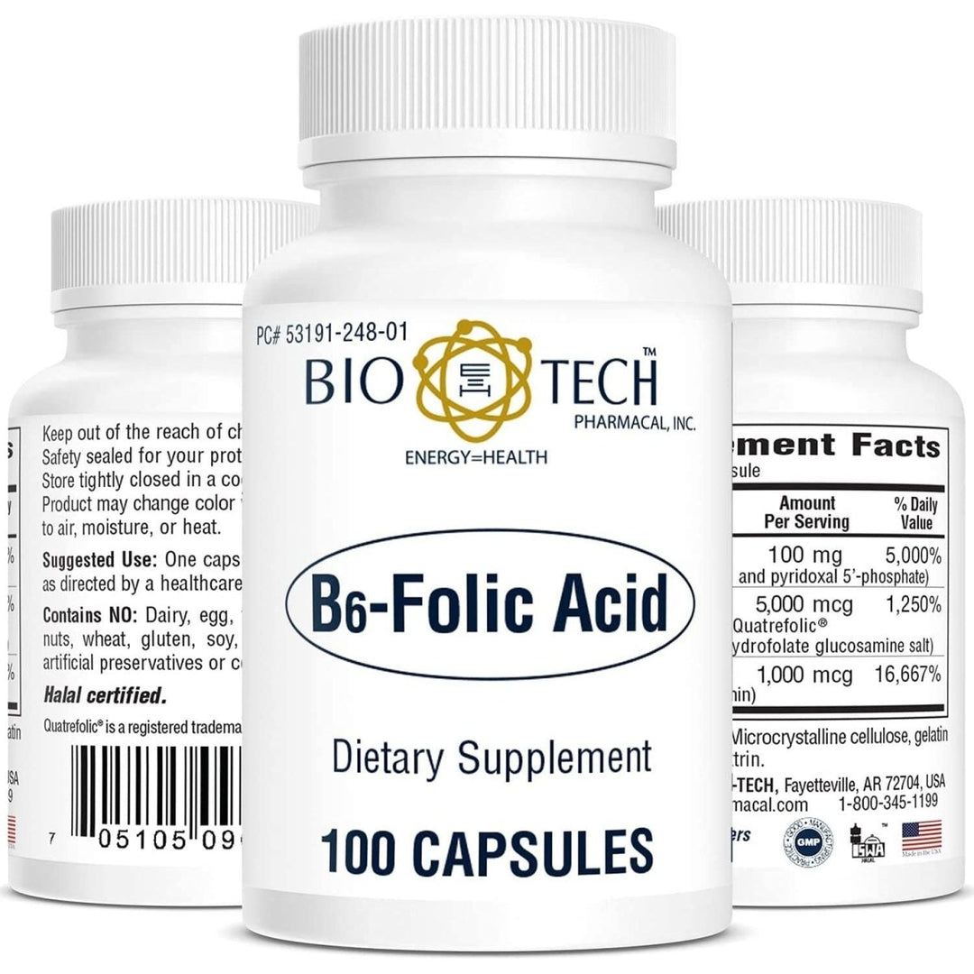 Bio - Tech Pharmacal B6 - Folic Acid, 100 Capsules ? All - Natural Supplement ? Supports Cardiovascular, Bone, &amp; Nervous System Health ? No Dairy, Fish, Gluten, Peanut, Shellfish, Halal, &amp; Soy ? No - The Oasis of Health