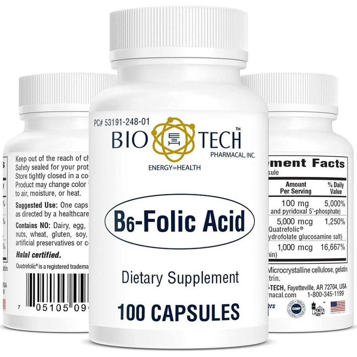 Bio - Tech Pharmacal B6 - Folic Acid, 100 Capsules ? All - Natural Supplement ? Supports Cardiovascular, Bone, &amp; Nervous System Health ? No Dairy, Fish, Gluten, Peanut, Shellfish, Halal, &amp; Soy ? No - The Oasis of Health