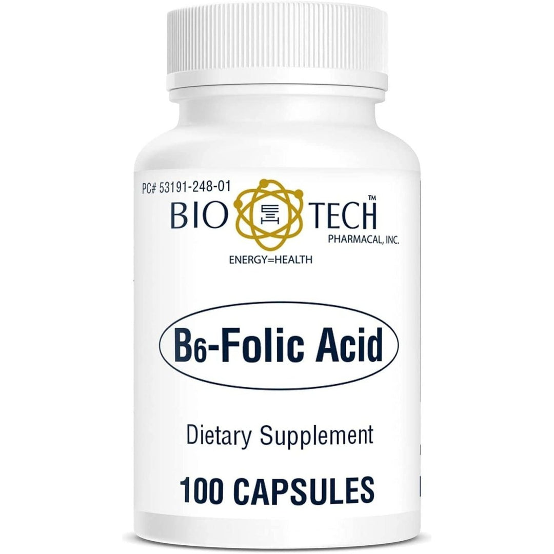 Bio - Tech Pharmacal B6 - Folic Acid, 100 Capsules ? All - Natural Supplement ? Supports Cardiovascular, Bone, &amp; Nervous System Health ? No Dairy, Fish, Gluten, Peanut, Shellfish, Halal, &amp; Soy ? No - The Oasis of Health