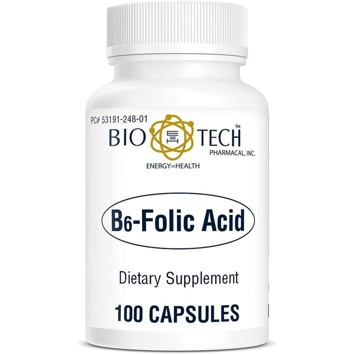 Bio - Tech Pharmacal B6 - Folic Acid, 100 Capsules ? All - Natural Supplement ? Supports Cardiovascular, Bone, &amp; Nervous System Health ? No Dairy, Fish, Gluten, Peanut, Shellfish, Halal, &amp; Soy ? No - The Oasis of Health