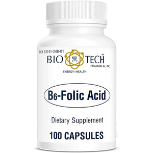Bio - Tech Pharmacal B6 - Folic Acid, 100 Capsules ? All - Natural Supplement ? Supports Cardiovascular, Bone, & Nervous System Health ? No Dairy, Fish, Gluten, Peanut, Shellfish, Halal, & Soy ? No - The Oasis of Health