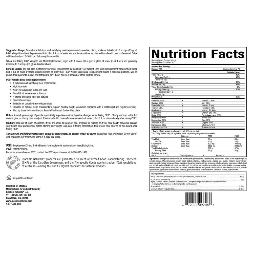 Bioclinic Naturals PGX Weight Loss Meal Replacement French Vanilla 35oz - The Oasis of Health
