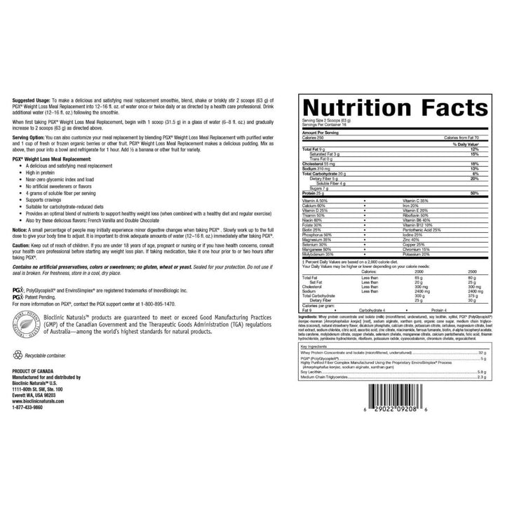 Bioclinic Naturals PGX Weight Loss Meal Replacement French Vanilla 35oz - The Oasis of Health
