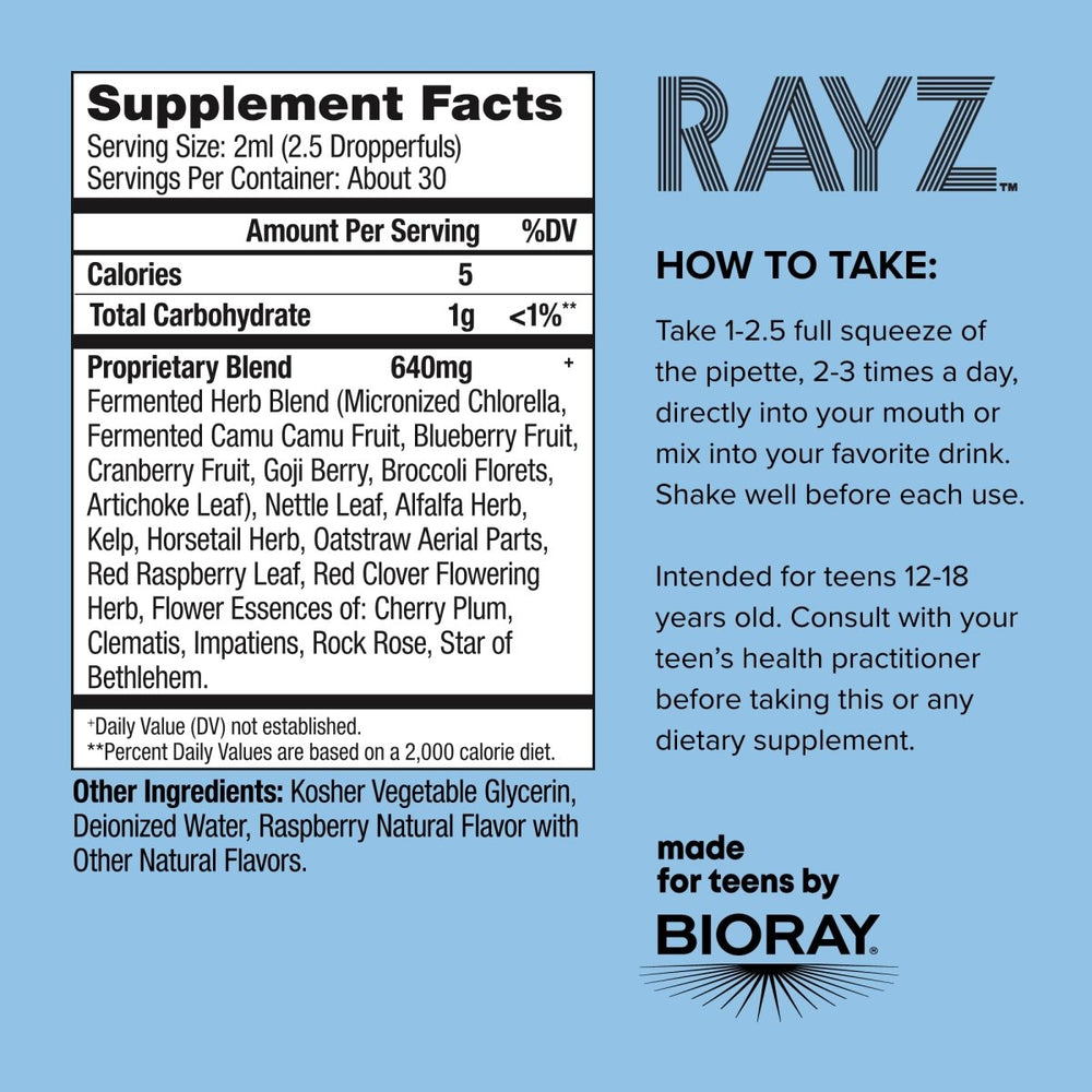 BIORAY RAYZ All Systems Glow, Raspberry Flavor - 2 fl oz - Convenient Source of Vitamins & Minerals for Teens 12 - 18 Years Old - The Oasis of Health