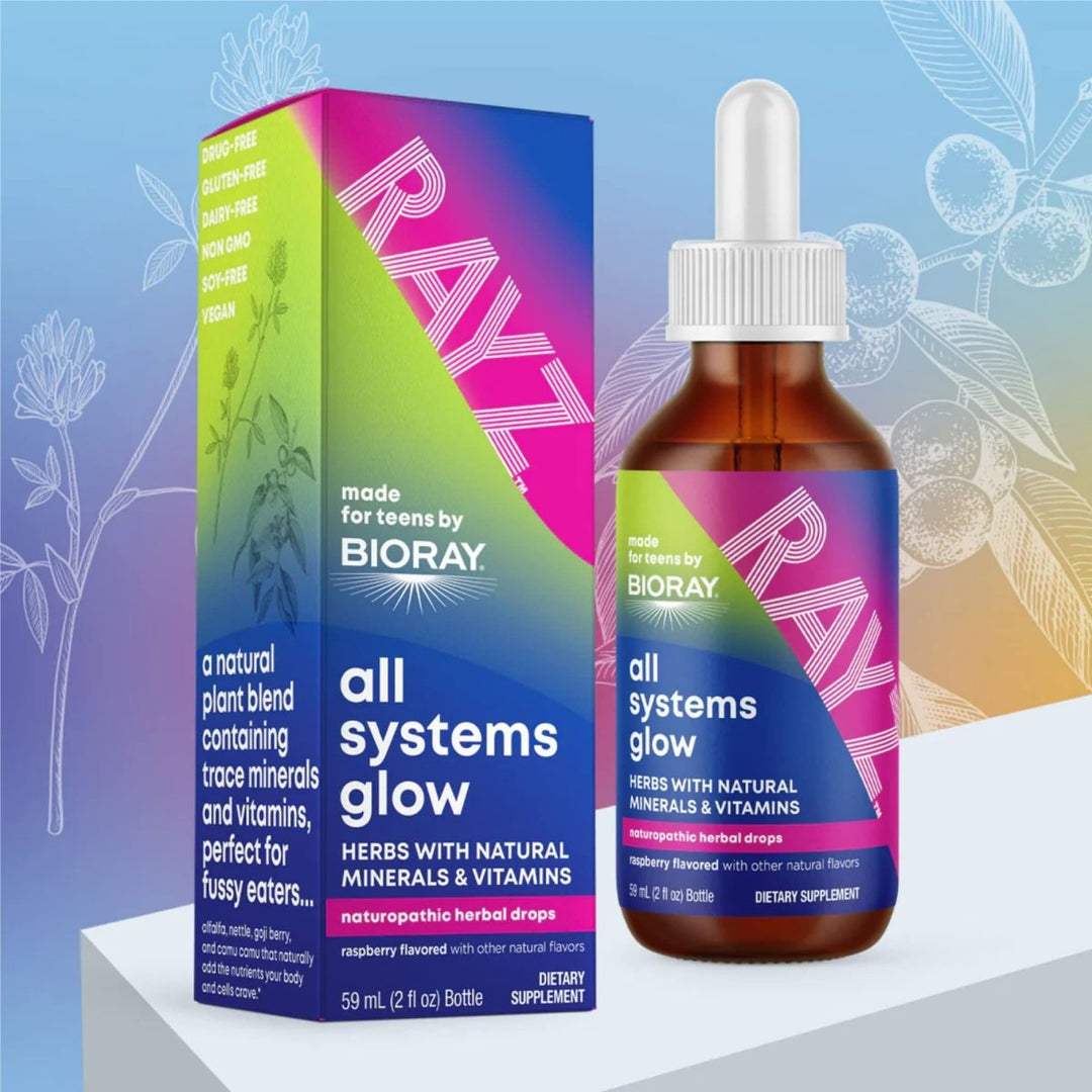 BIORAY RAYZ All Systems Glow, Raspberry Flavor - 2 fl oz - Convenient Source of Vitamins & Minerals for Teens 12 - 18 Years Old - The Oasis of Health