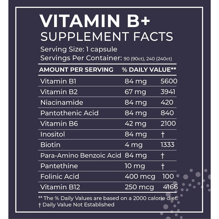 BodyBio - Vitamin B Complex Including B1, B2, B3, B5, B6, Methyl B12, Folinic Acid, 5 - MTHF, and B7 to Supports Alertness, Metabolism &amp; Immune System, 90 Capsules - The Oasis of Health