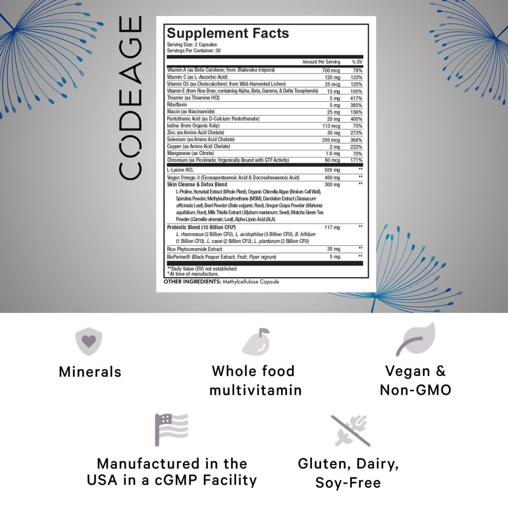 Codeage - Clearface Pantothenic Acid, Niacin, Vitamins A, C, D3, E, FloraFIT Probiotics - 90 Capsules - The Oasis of Health