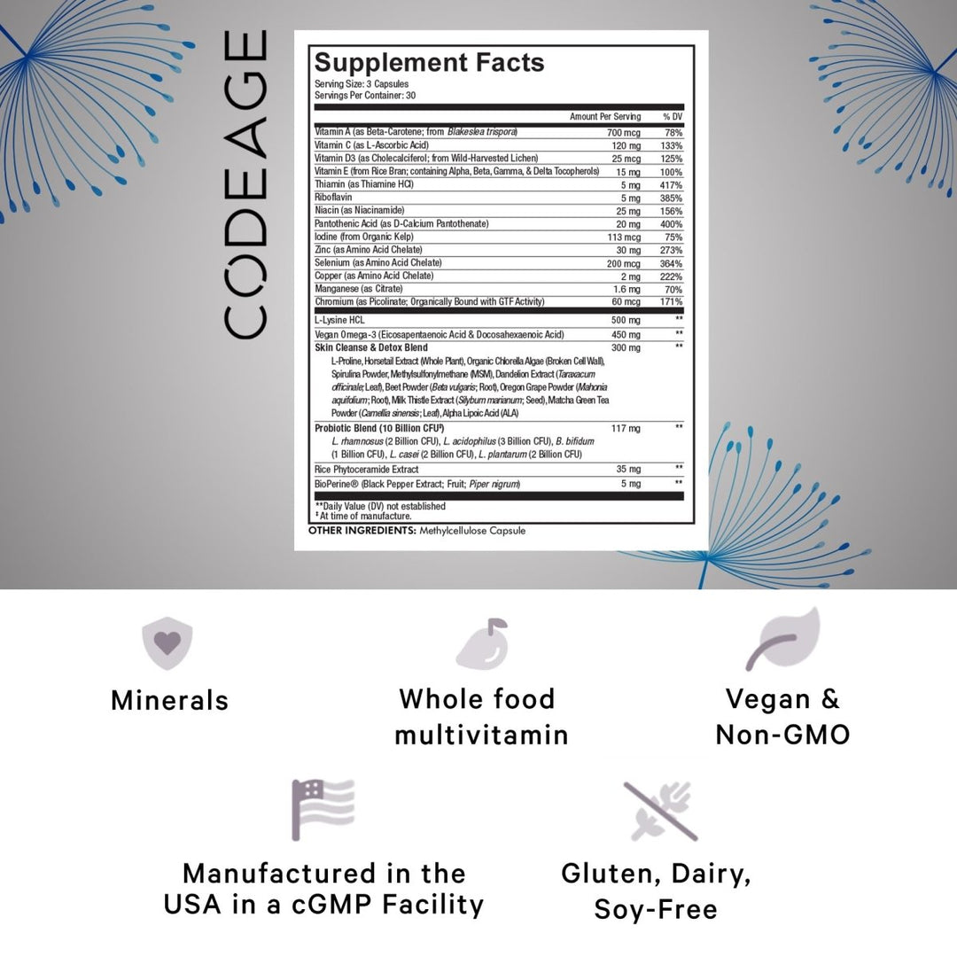 Codeage - Clearface Pantothenic Acid, Niacin, Vitamins A, C, D3, E, FloraFIT Probiotics - 90 Capsules - The Oasis of Health