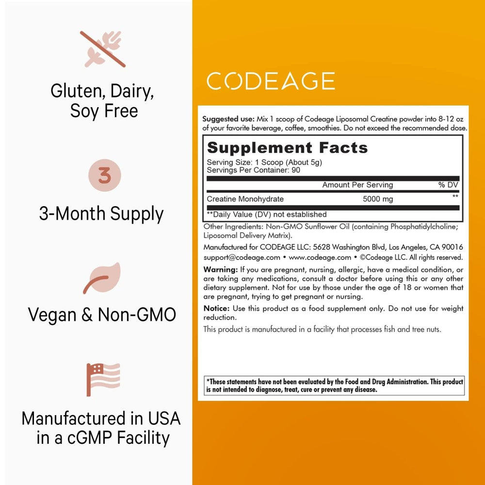 Codeage - Liposomal Creatine Monohydrate Powder Supplement Micronized Sports Muscles Unflavored - 16.03 oz. - The Oasis of Health