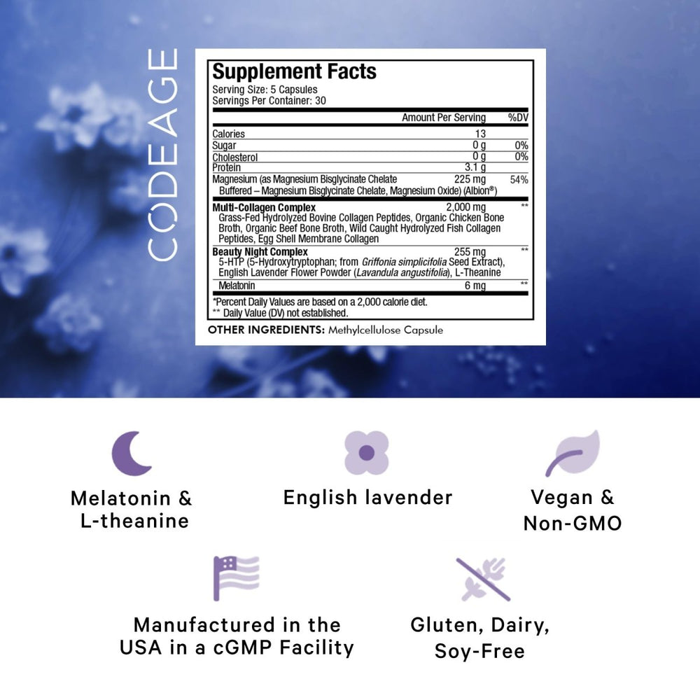 Codeage - Multi Collagen Beauty Night with 5 - HTP Lavendar L - Theanine & Melatonin - 150 Capsules - The Oasis of Health