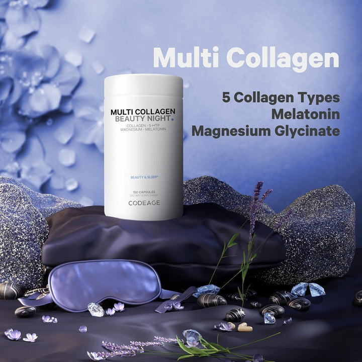 Codeage - Multi Collagen Beauty Night with 5 - HTP Lavendar L - Theanine & Melatonin - 150 Capsules - The Oasis of Health