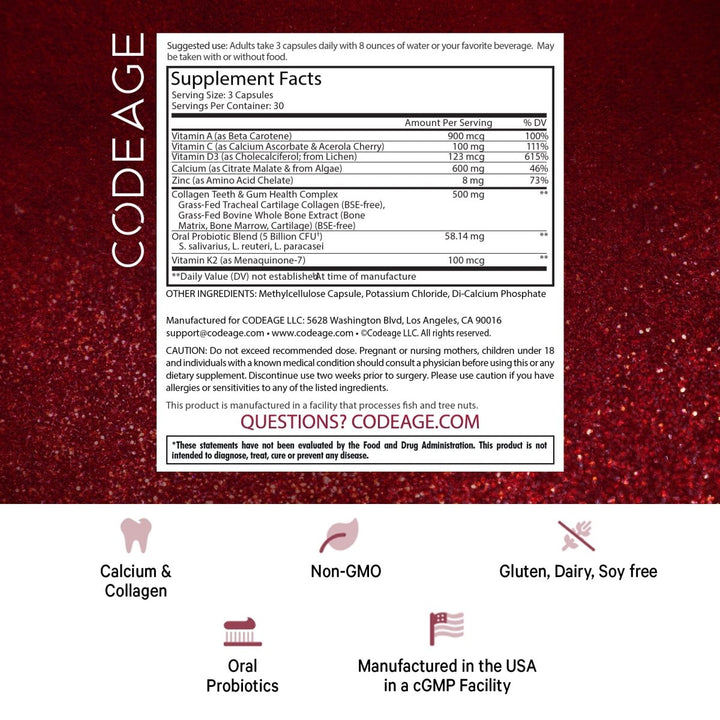 Codeage - Teeth & Gums Vitamins + Oral Probiotics Mouth Care Supplement - 90 Capsules - The Oasis of Health