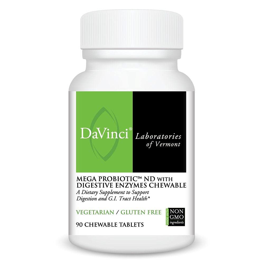 DAVINCI Laboratories Non - Dairy Mega Probiotic with Digestive Enzymes, 90 Chewable Tablets, Orange Flavor - Contains Amylase, Bromelain, Lactase, Lipase, Protease and Cellulose - The Oasis of Health