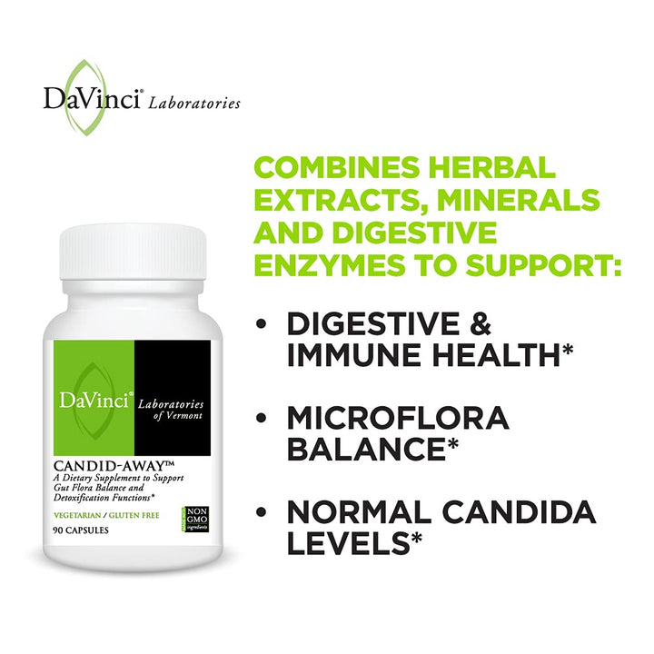 DAVINCI Labs Candid - Away - Dietary Supplement to Support Microflora Balance, Detox and a Healthy Gut - with Calcium, Magnesium, Cellulase, Betaine HCI, and More - Gluten - Free - 90 Vegetarian Capsules - The Oasis of Health