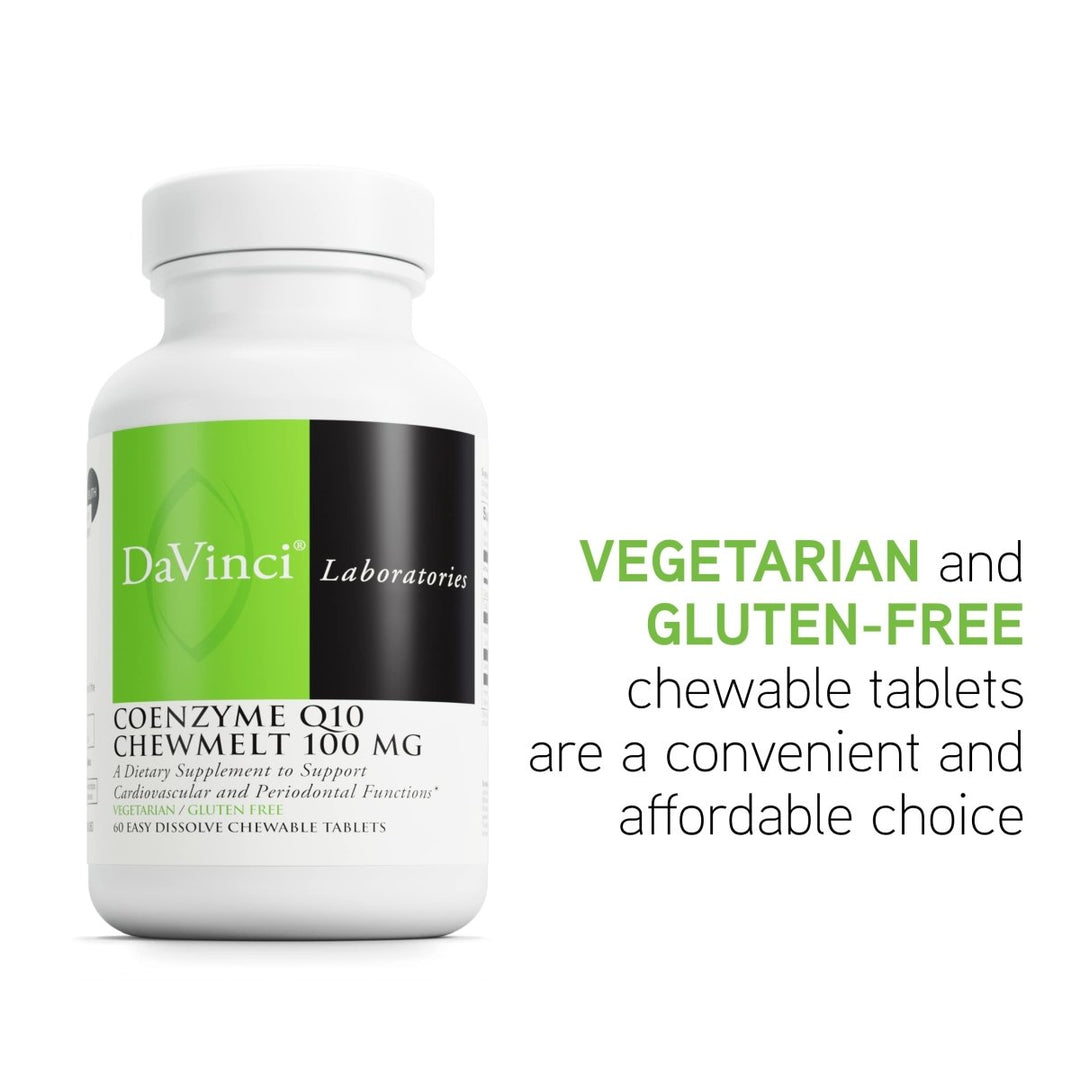 DaVinci Labs Coenzyme Q10 Chewmelt 100 mg - Supports Liver, Brain, Kidney, Cardiovascular & Periodontal Functions* - Dietary Supplement - Vegetarian - Gluten - Free - 60 Easy Chewable Tablets - The Oasis of Health