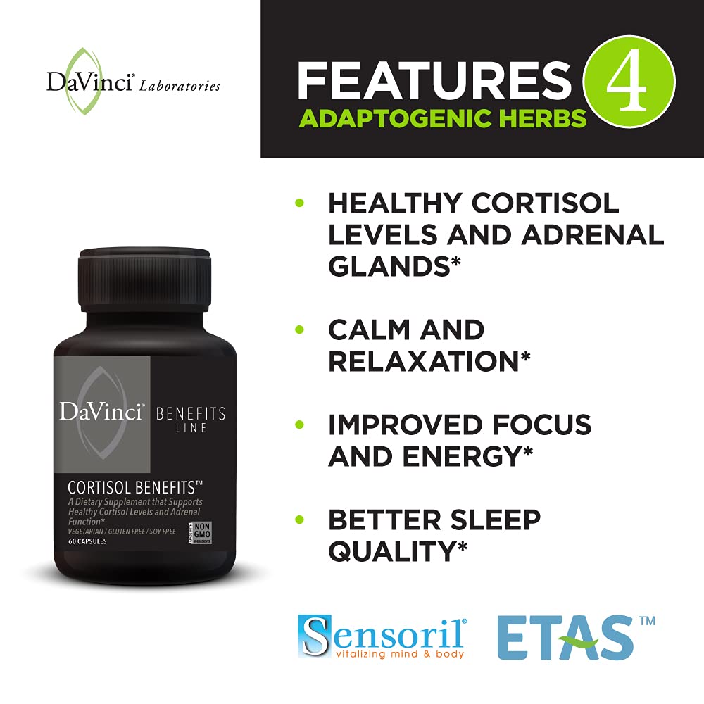 DaVinci Labs Cortisol Benefits - Dietary Supplement to Support Healthy Cortisol Levels and Adrenal Health - With Ashwagandha Extract, Rhodiola Rosea Root and More - Gluten - Free - 60 Vegetarian Capsules - The Oasis of Health