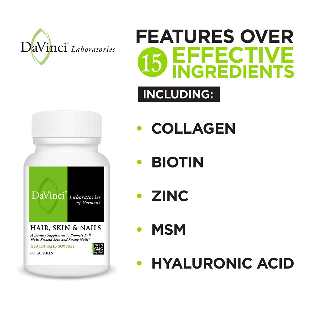 DaVinci Labs Hair, Skin & Nails - Dietary Supplement to Support Smooth, Healthy Skin, Strong Nails and Hair Health* - With Vitamin C and D3, Minerals, Biotin, Zinc and More - Gluten - Free - 60 Capsules - The Oasis of Health