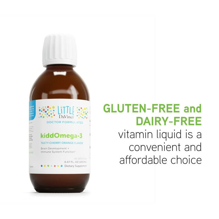 DAVINCI Labs kiddOmega - 3 - Liquid Omega - 3 Supplement for Kids - for Immune System, Focus and Brain Support* - with Monk Fruit, DHA, EPA and More - Cherry Orange Flavor - 200mL - The Oasis of Health