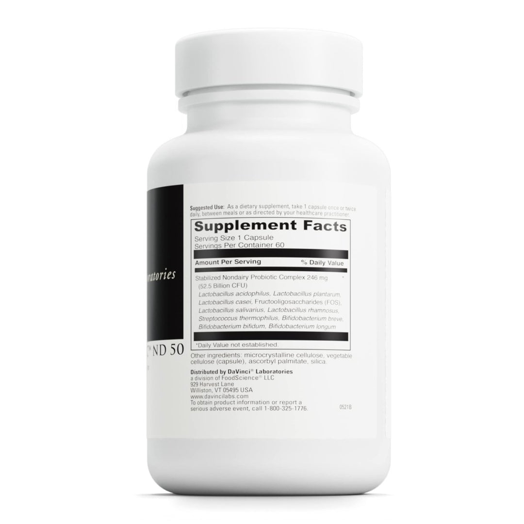 DaVinci Labs Mega Probiotic ND 50 - Non - Dairy Probiotic Supplement with Prebiotic to Support Digestive Health and Immune System - With Nondairy Probiotic Complex - Gluten - Free - 60 Vegetarian Capsules - The Oasis of Health