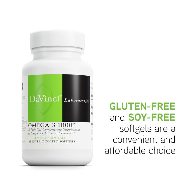 DaVinci Labs Omega - 3 1000 - Dietary Supplement to Maintain Already Normal Cholesterol Levels and Support Immune System, Healthy Hair and Skin* - Gluten - Free - 45 Enteric Coated Softgels - The Oasis of Health