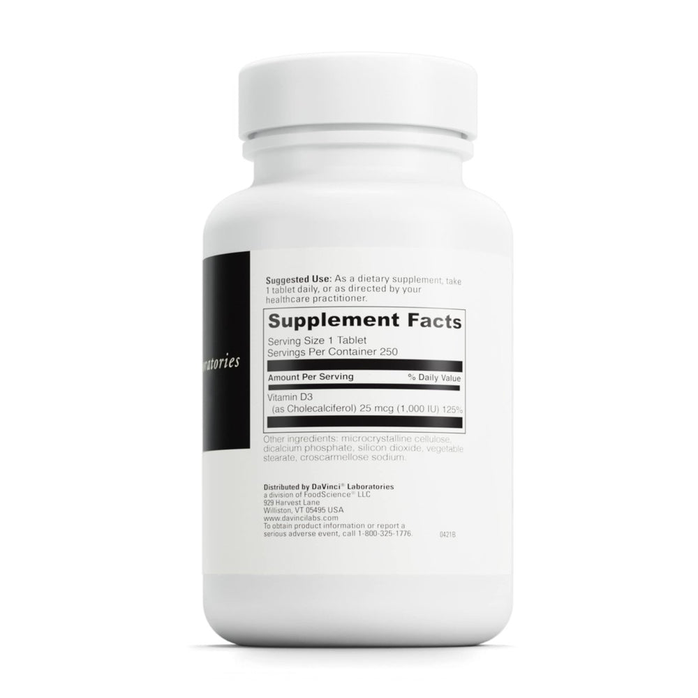 DaVinci Labs Vitamin D3 1000 IU - Dietary Supplement to Support Healthy Teeth and Bones, Cardiovascular Function and Immune Health - With 1000 IU per Serving - Gluten - Free - 250 Tablets - The Oasis of Health