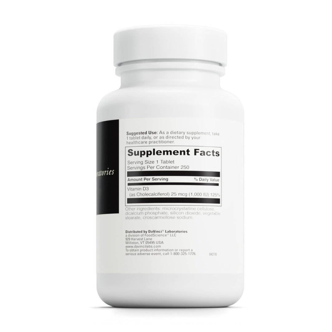 DaVinci Labs Vitamin D3 1000 IU - Dietary Supplement to Support Healthy Teeth and Bones, Cardiovascular Function and Immune Health - With 1000 IU per Serving - Gluten - Free - 250 Tablets - The Oasis of Health