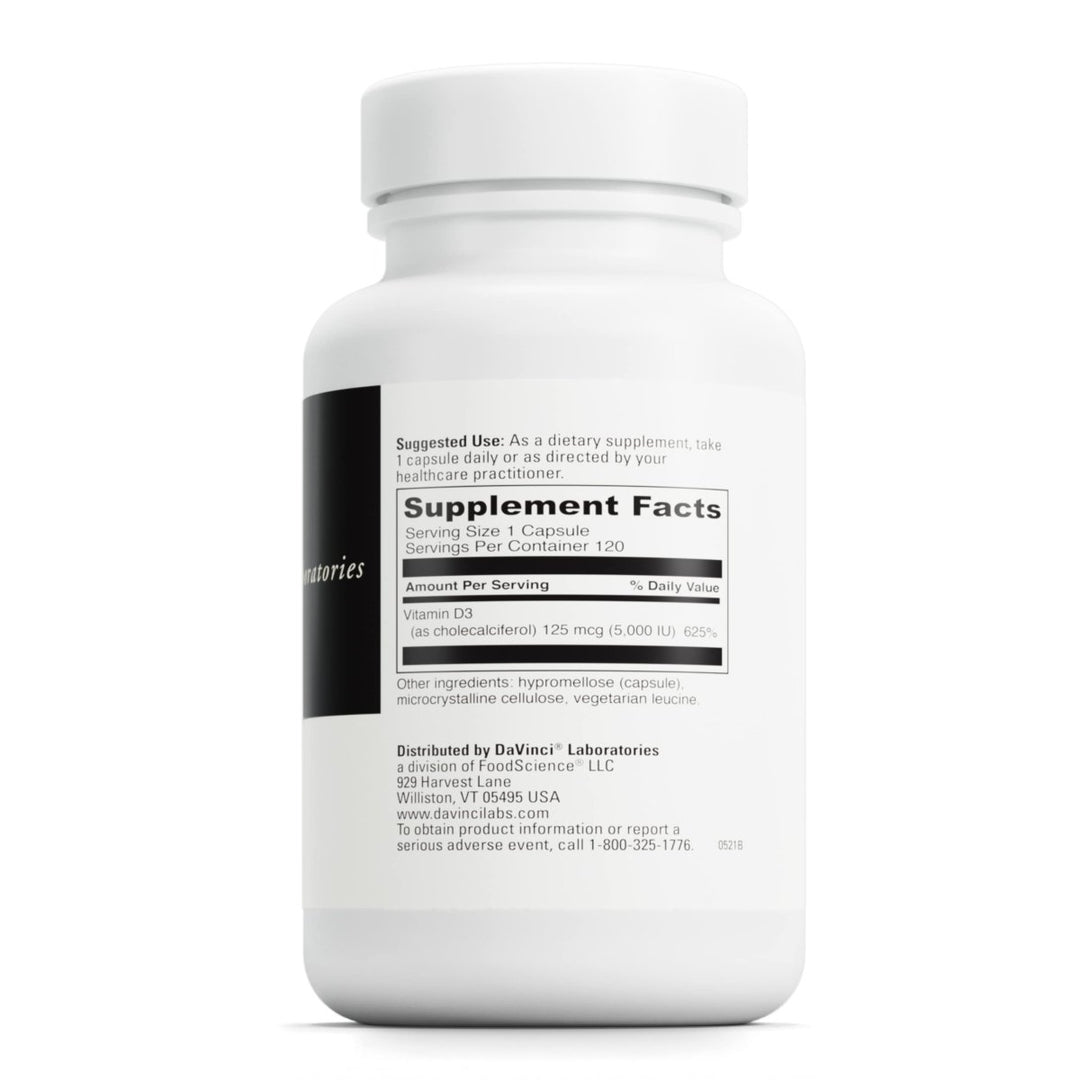 DAVINCI Labs Vitamin D3 5000 IU - Dietary Supplement to Support Healthy Teeth and Bones, Cardiovascular Function, and Immune Health* - with 5000 IU per Serving - Gluten - Free - 120 Capsules - The Oasis of Health