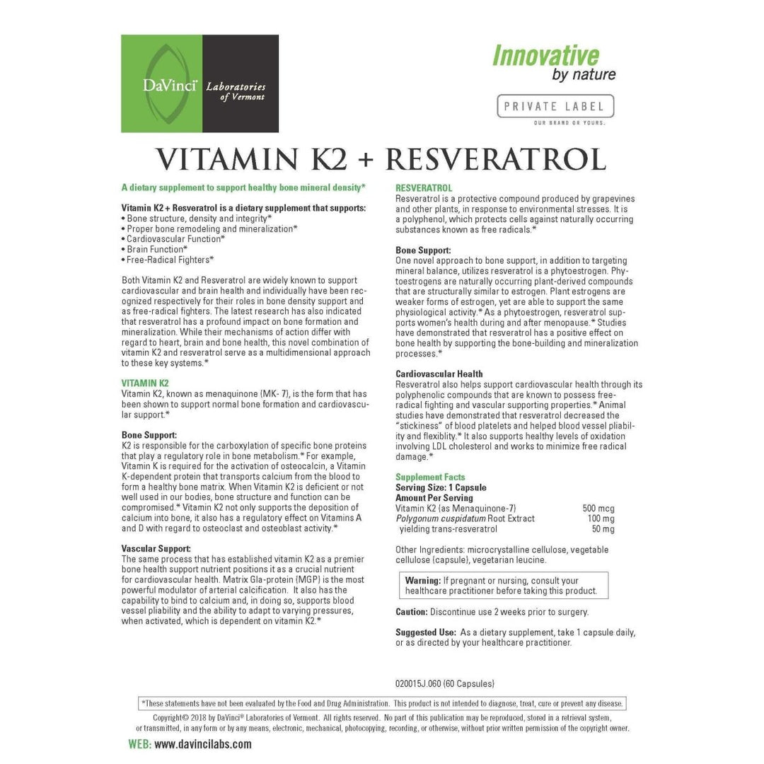 Davinci Labs - Vitamin K2 + Resveratrol, 60 Capsules - The Oasis of Health