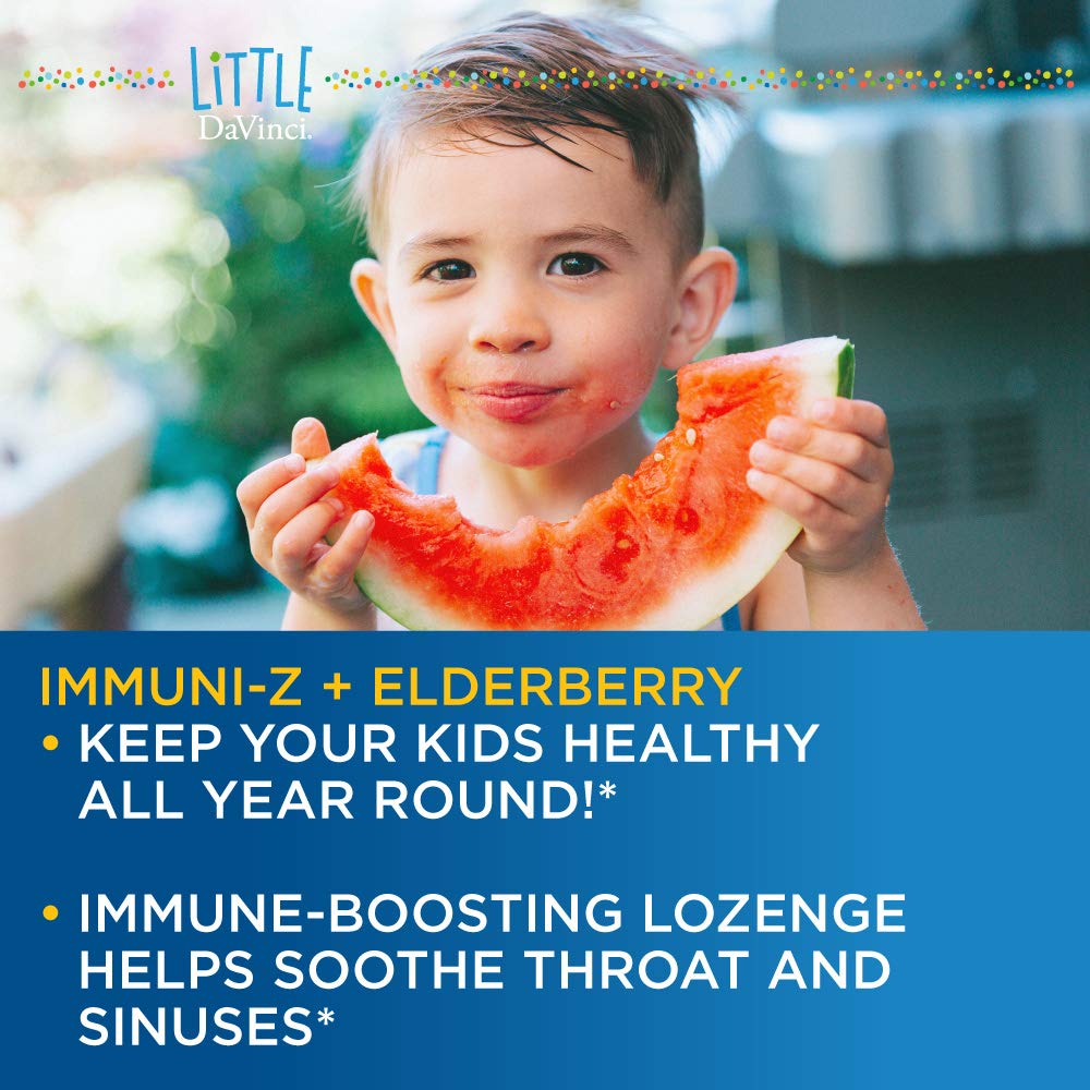 DAVINCI Little Immuni - z + Elderberry - Kids Zinc Lozenge to Support Immune Health, Healthy Lungs and Throat Tissue* - with Vitamin D3, Zinc, Elderberry and More - Lemon Flavor - 60 Lozenges - The Oasis of Health