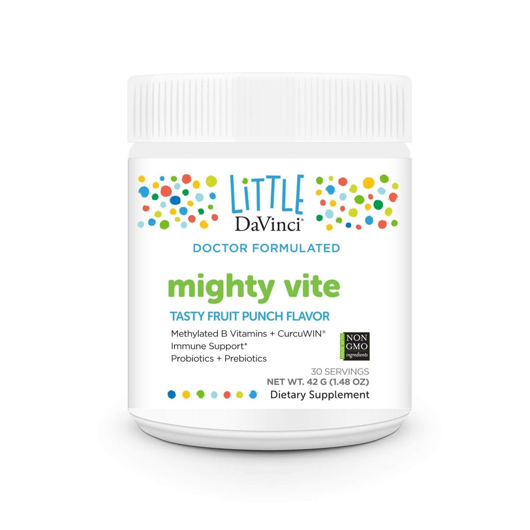 DAVINCI Little Mightiest Vite with Probiotics and Prebiotics - Supports Immune System, Gut Health and Healthy Brain* - with Vitamin C, A, D3, E, and More - Fruit Punch Flavor - 42 g, 30 Servings - The Oasis of Health