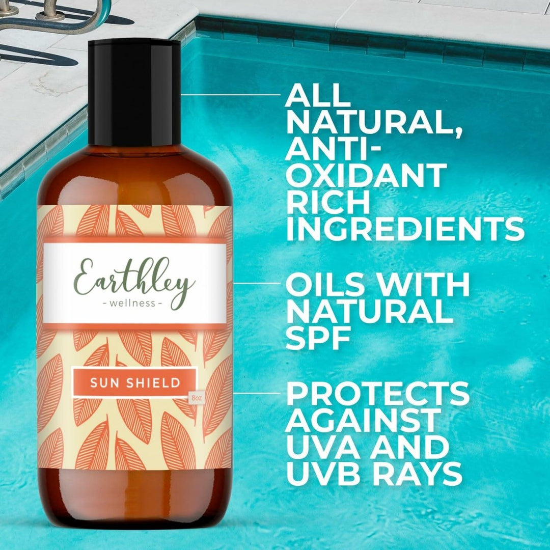 Earthley Wellness, All Natural Sun Shield, Protective Lotion Against Cellular Damage, Soothes Skin, Nourishes Skin, Blocks Free Radicals, and Protects Skin from Redness, Wrinkles, and Damage (8oz) - The Oasis of Health